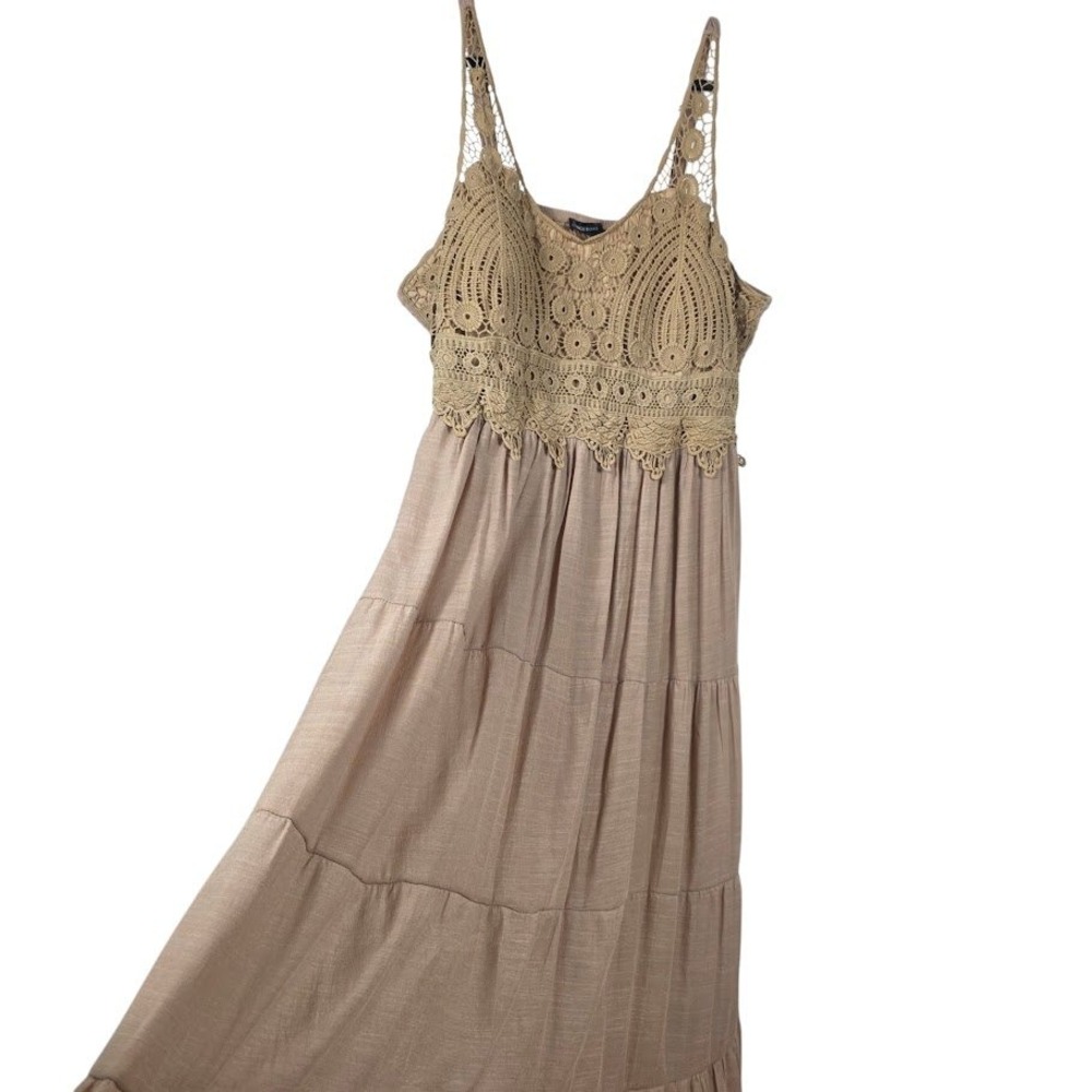 Kings Road Maxi Womens 3X Tan Crochet Ruffle Tiered Boho Cottagecore Peasent